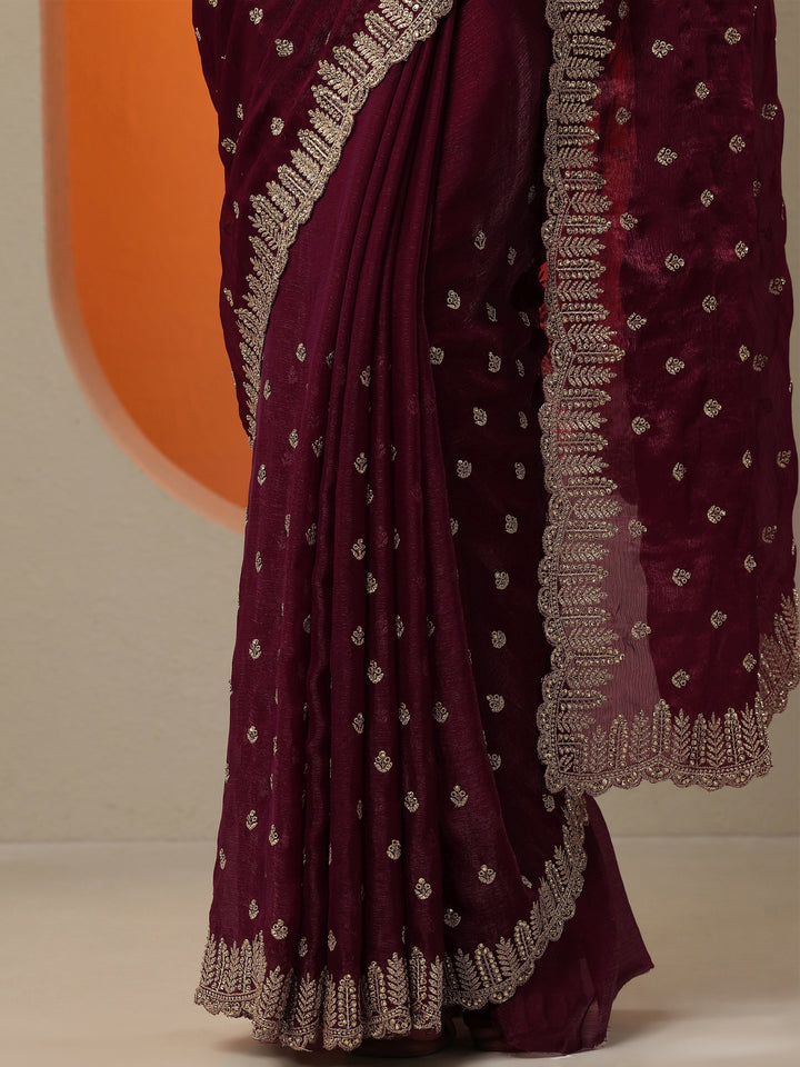 Maroon Embroidered Organza Saree With Unstitched Blouse Piece