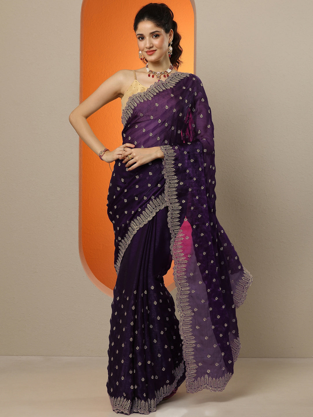 Purple Embroidered Organza Saree With Unstitched Blouse Piece