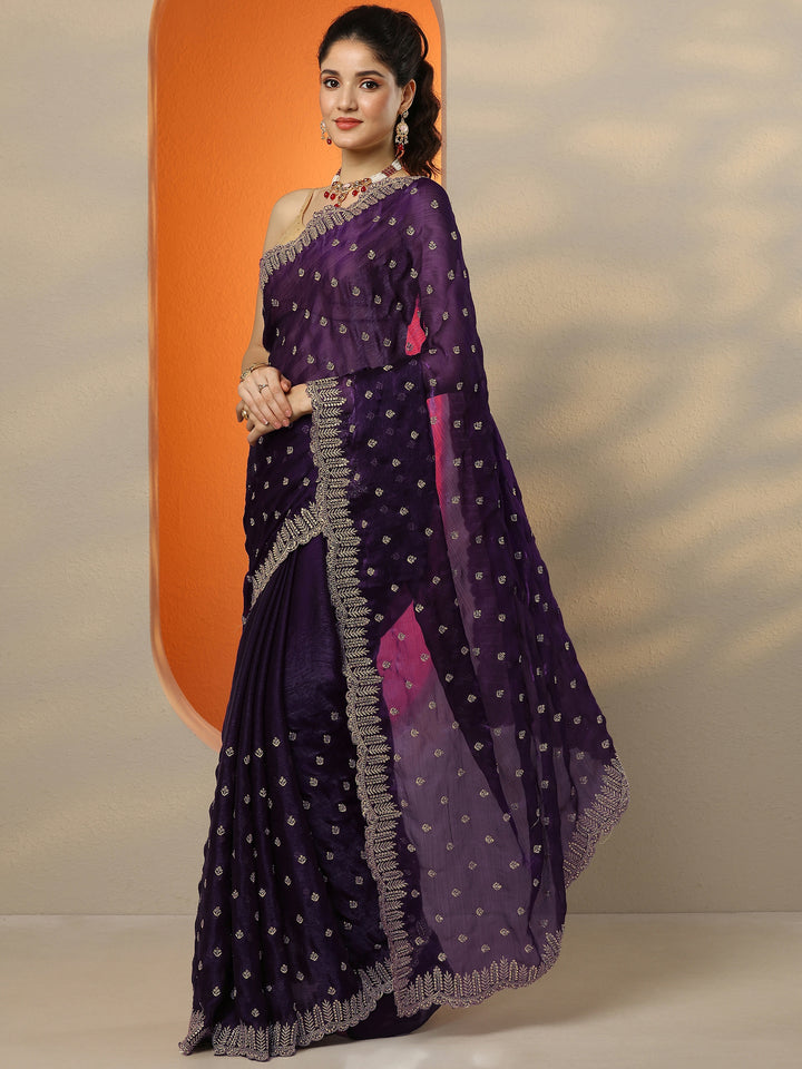 Purple Embroidered Organza Saree With Unstitched Blouse Piece