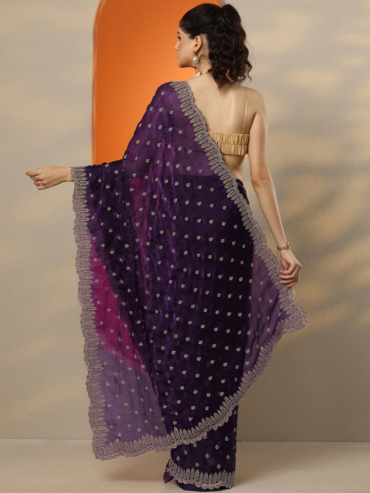 Purple Embroidered Organza Saree With Unstitched Blouse Piece
