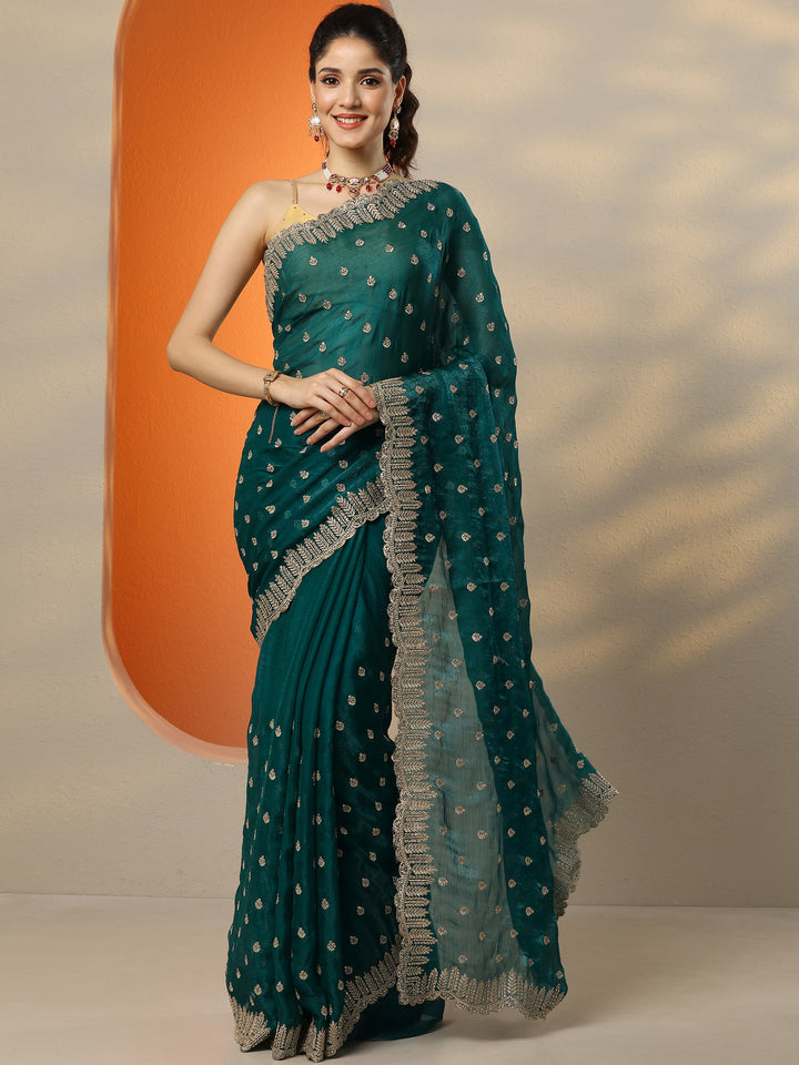Green Embroidered Organza Saree With Unstitched Blouse Piece