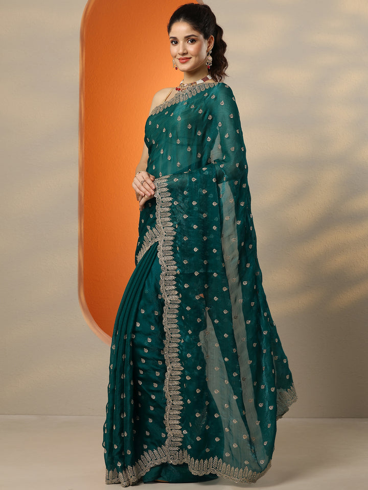 Green Embroidered Organza Saree With Unstitched Blouse Piece