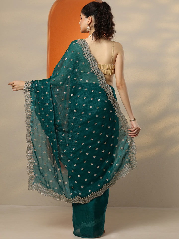 Green Embroidered Organza Saree With Unstitched Blouse Piece