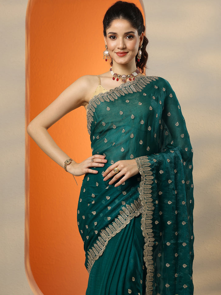 Green Embroidered Organza Saree With Unstitched Blouse Piece