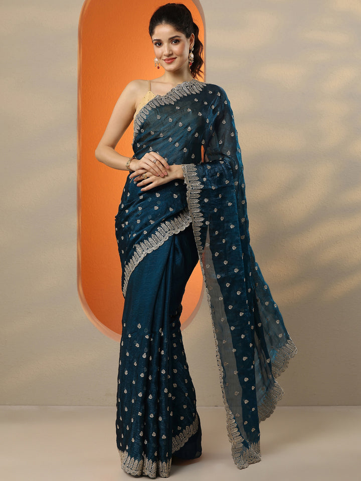 Teal Embroidered Organza Saree With Unstitched Blouse Piece