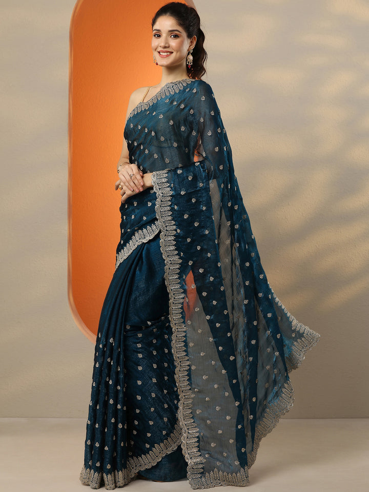 Teal Embroidered Organza Saree With Unstitched Blouse Piece