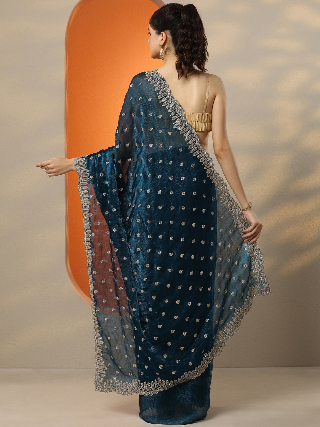 Teal Embroidered Organza Saree With Unstitched Blouse Piece