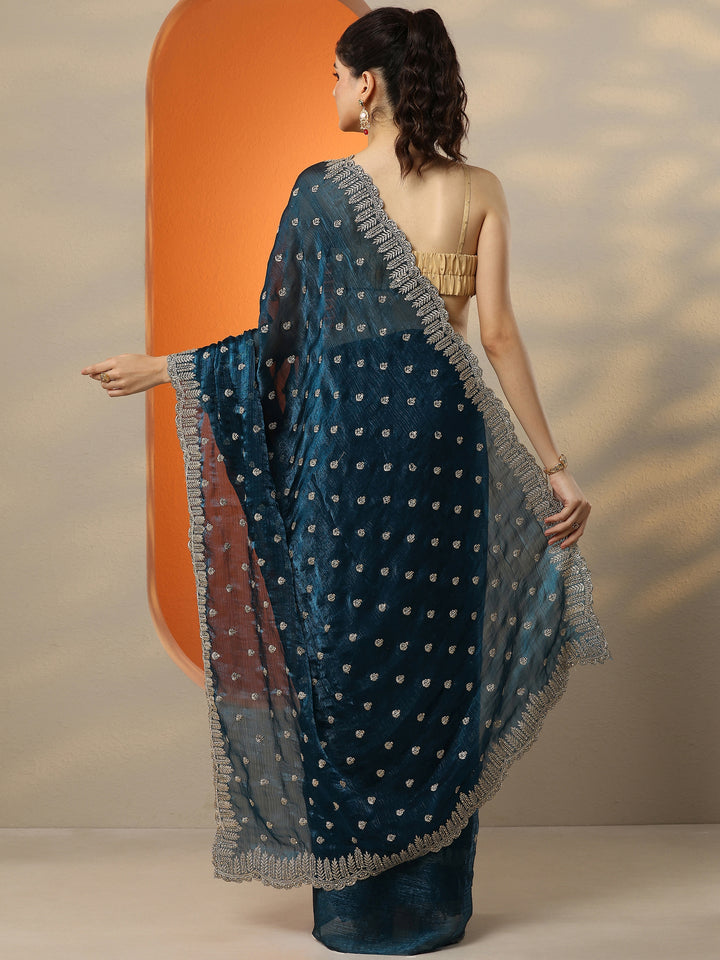Teal Embroidered Organza Saree With Unstitched Blouse Piece