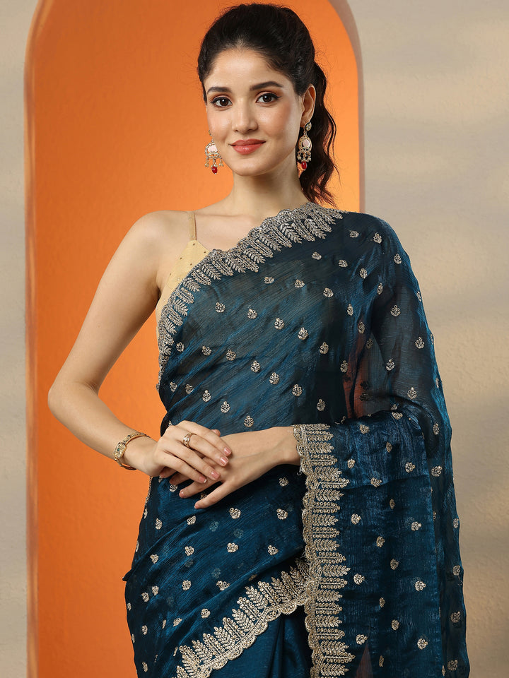 Teal Embroidered Organza Saree With Unstitched Blouse Piece