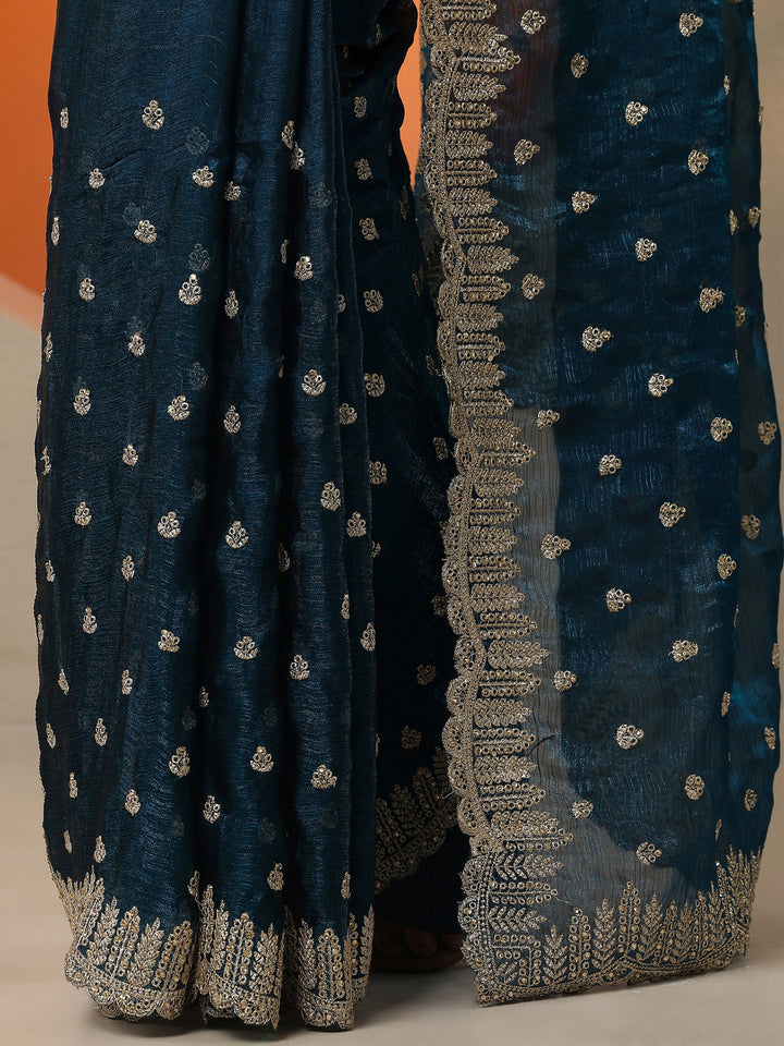Teal Embroidered Organza Saree With Unstitched Blouse Piece