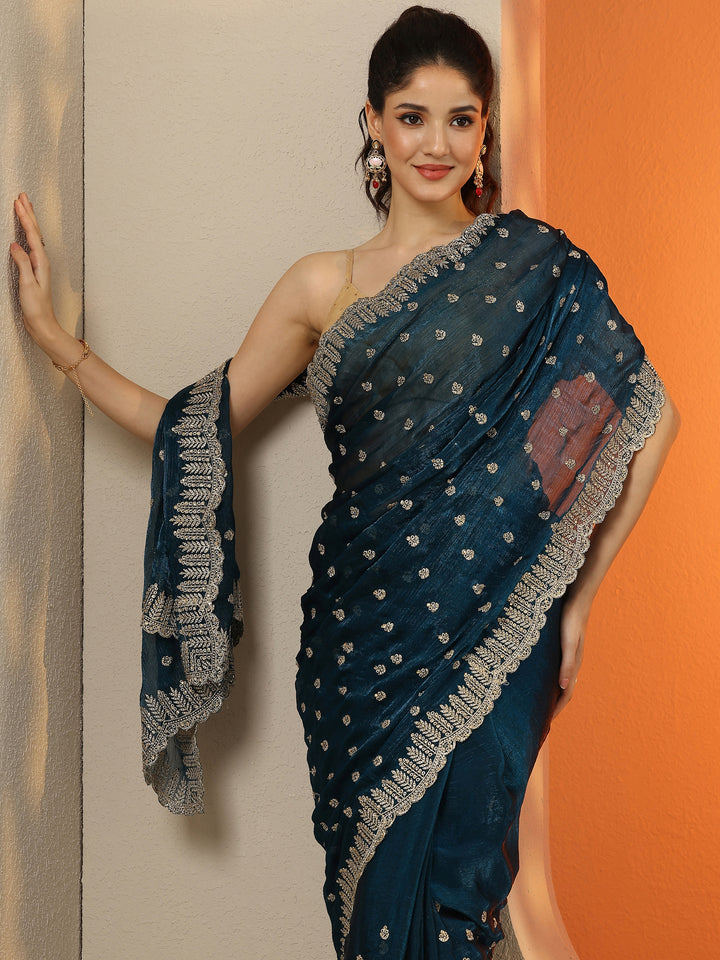 Teal Embroidered Organza Saree With Unstitched Blouse Piece