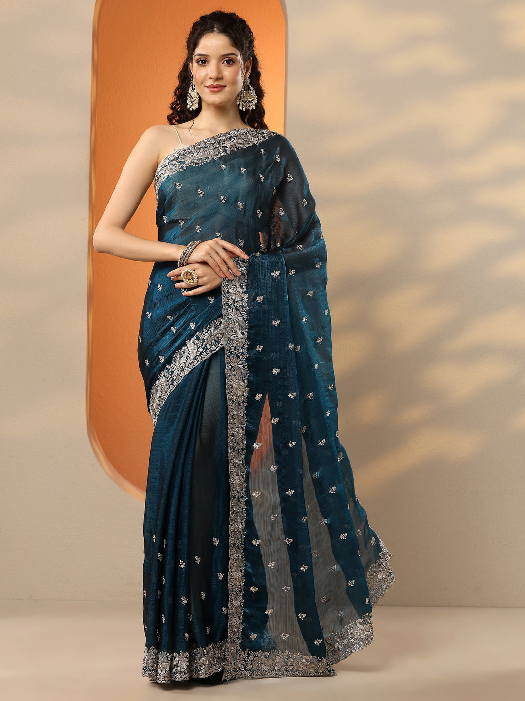 Teal Embroidered Organza Saree With Unstitched Blouse Piece
