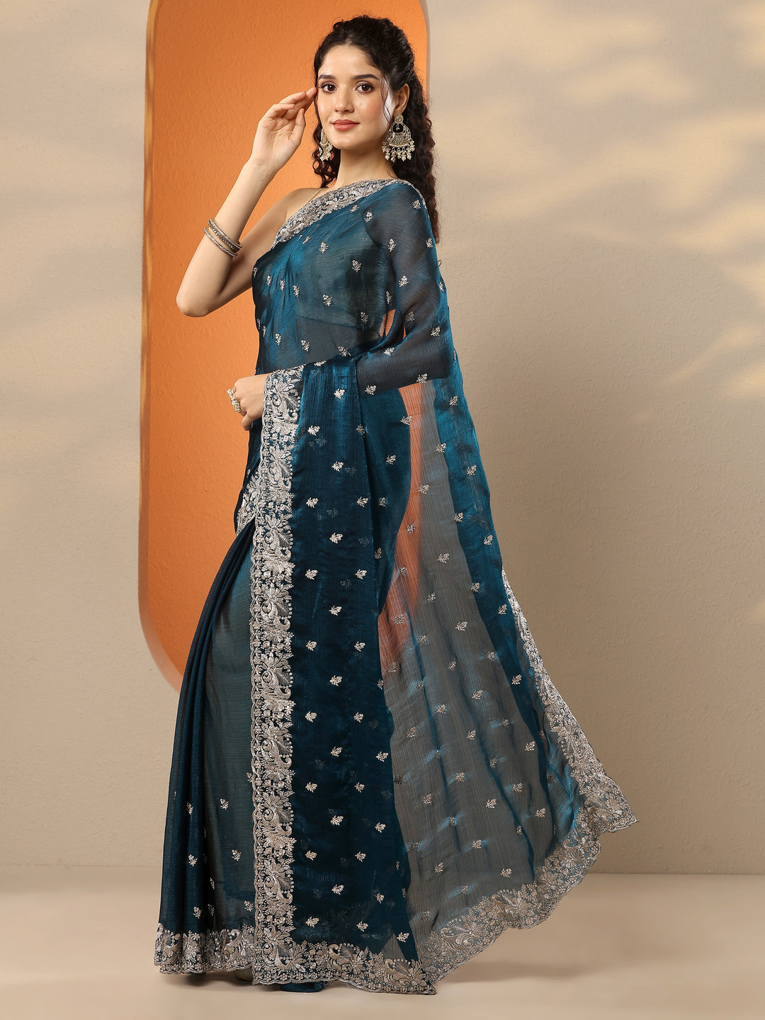 Teal Embroidered Organza Saree With Unstitched Blouse Piece