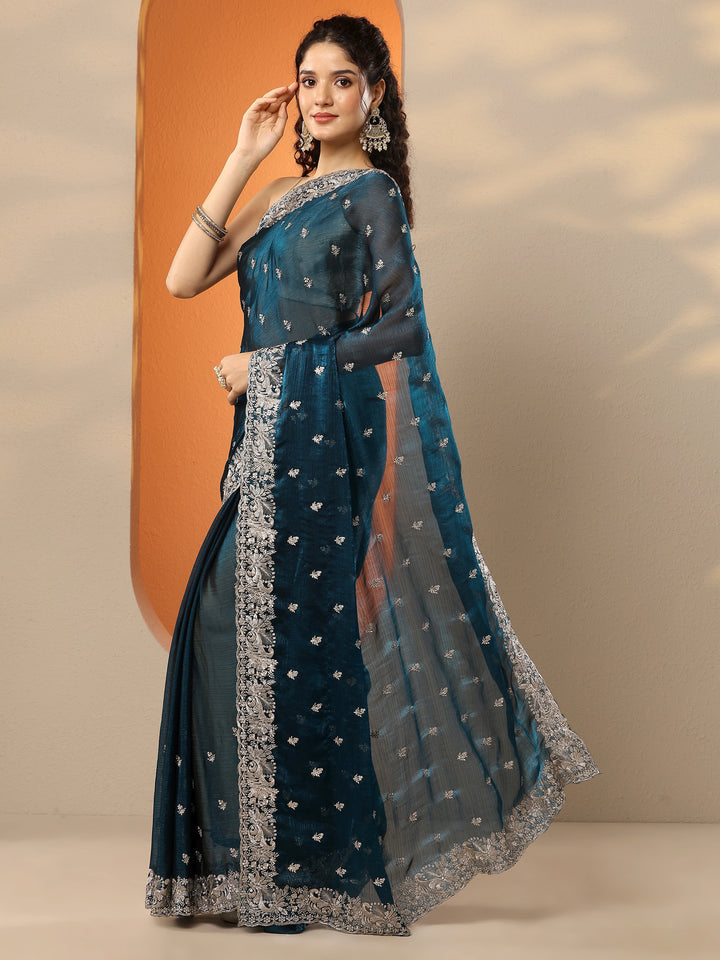 Teal Embroidered Organza Saree With Unstitched Blouse Piece