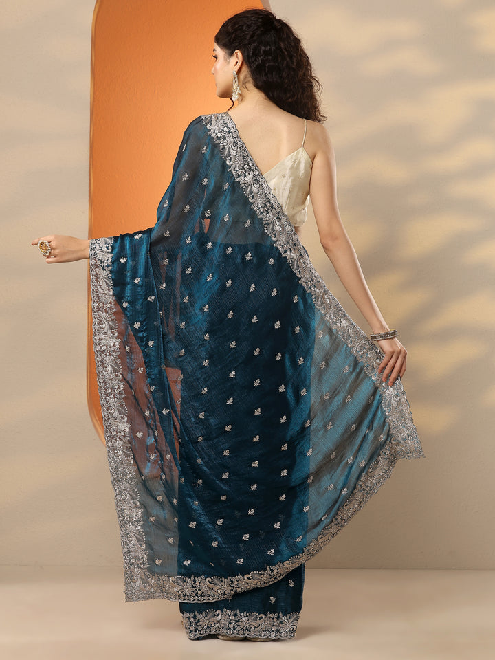 Teal Embroidered Organza Saree With Unstitched Blouse Piece