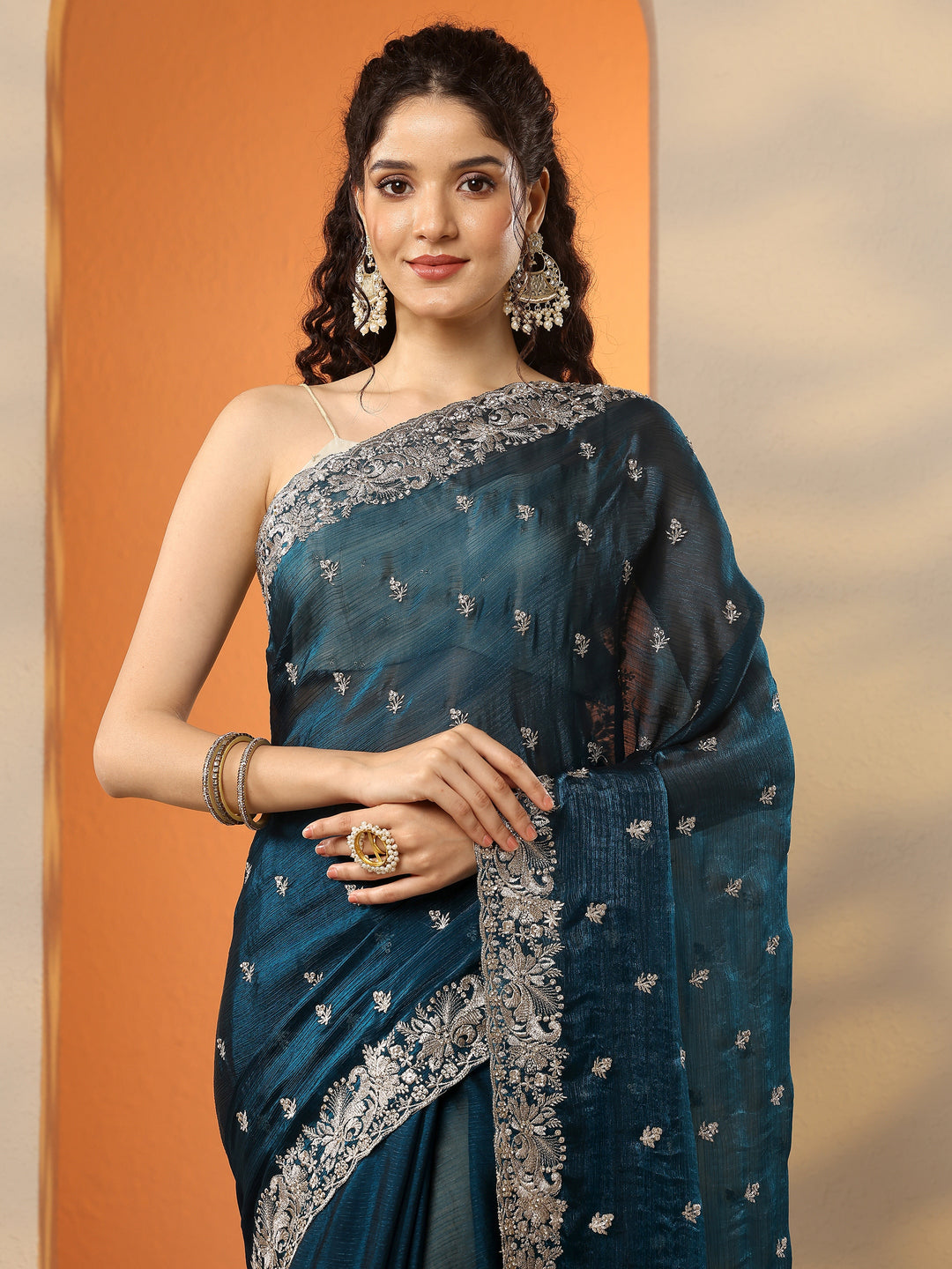 Teal Embroidered Organza Saree With Unstitched Blouse Piece