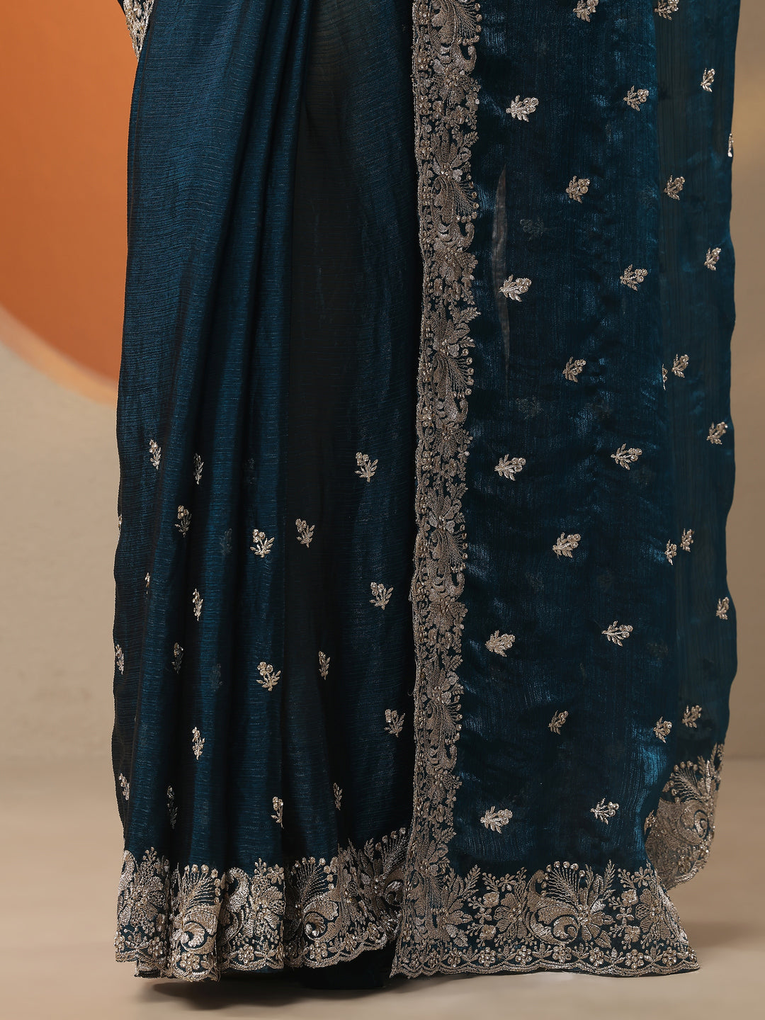 Teal Embroidered Organza Saree With Unstitched Blouse Piece