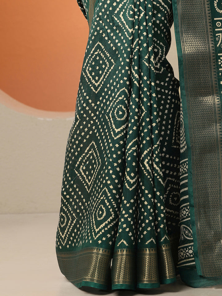 Green Printed Silk Blend Saree With Unstitched Blouse Piece