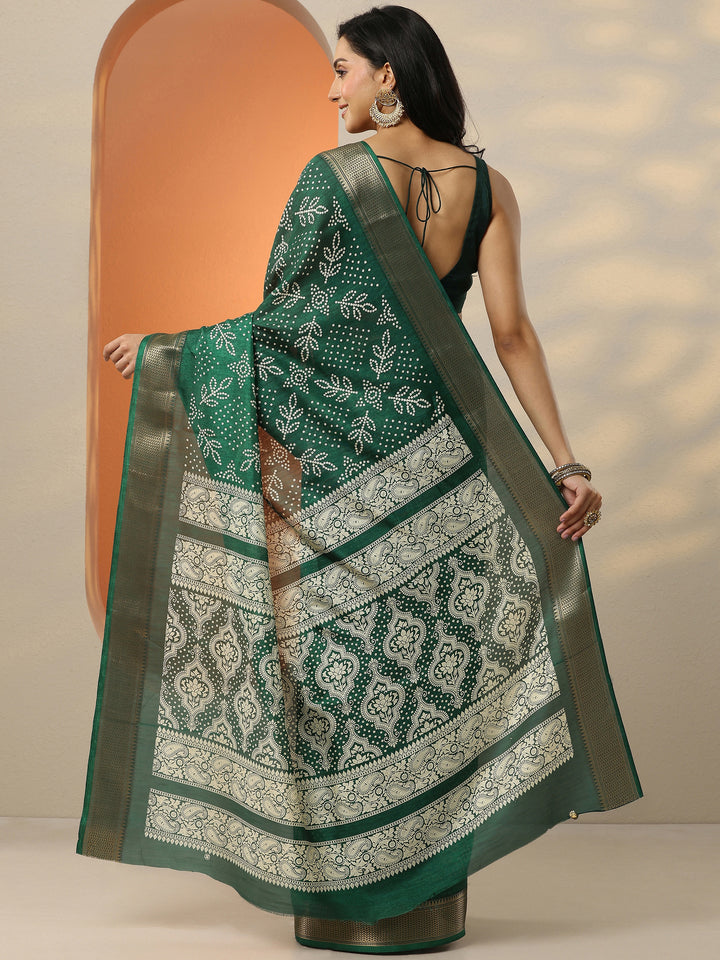 Green Bandhani Printed Silk Blend Saree With Unstitched Blouse Piece