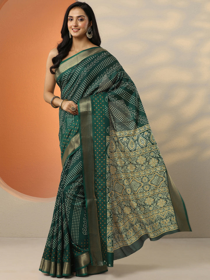 Green Bandhani Printed Silk Blend Saree With Unstitched Blouse Piece