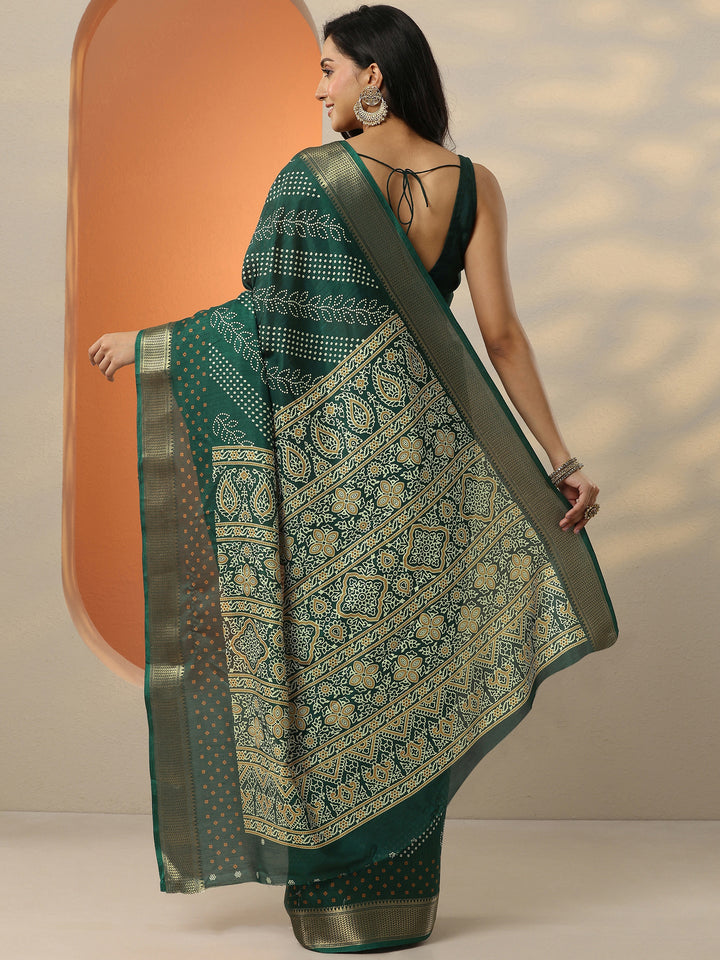 Green Bandhani Printed Silk Blend Saree With Unstitched Blouse Piece