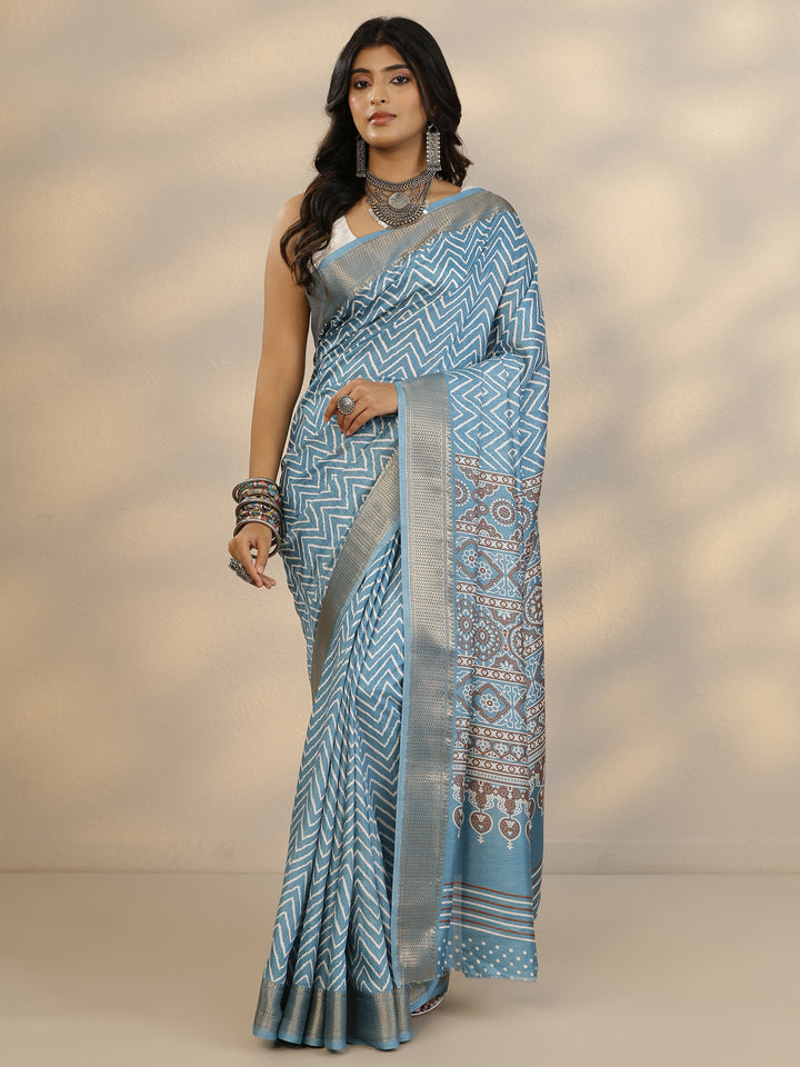 Blue Printed Silk Blend Saree With Unstitched Blouse Piece