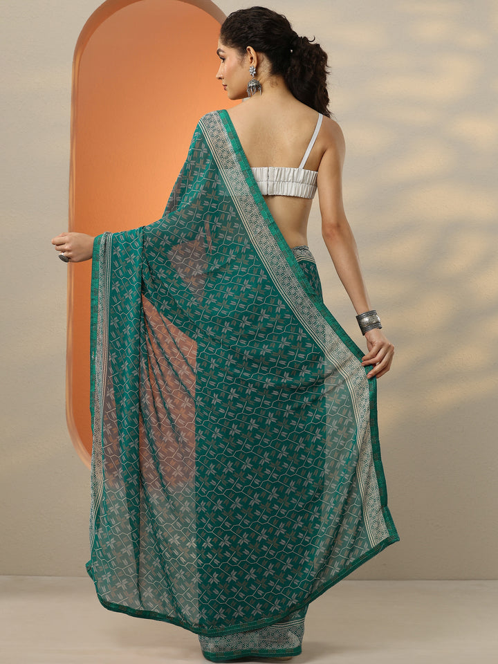 Green  Printed Georgette Saree With Unstitched Blouse Piece