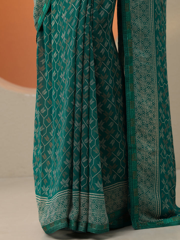 Green  Printed Georgette Saree With Unstitched Blouse Piece