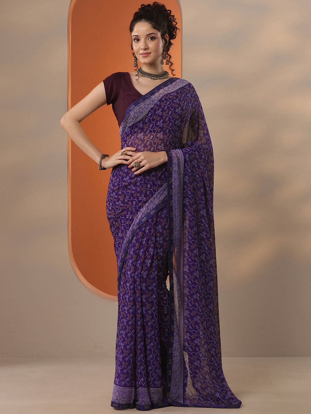 Purple Printed Georgette Saree With Unstitched Blouse Piece