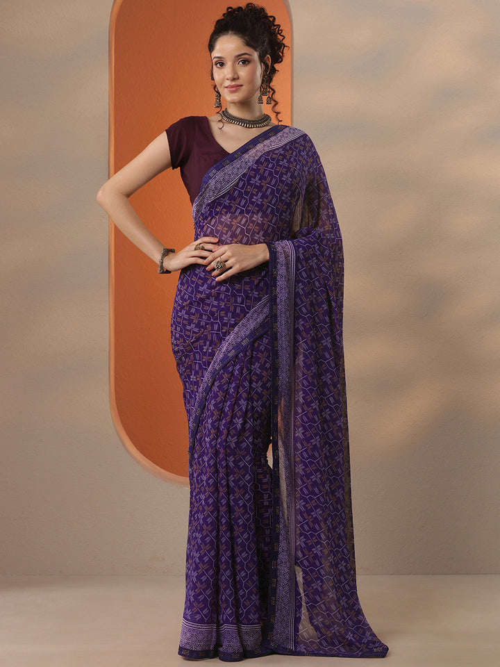 Purple Printed Georgette Saree With Unstitched Blouse Piece