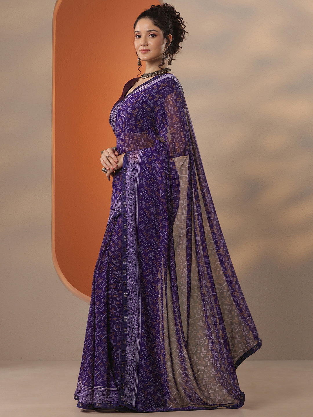 Purple Printed Georgette Saree With Unstitched Blouse Piece