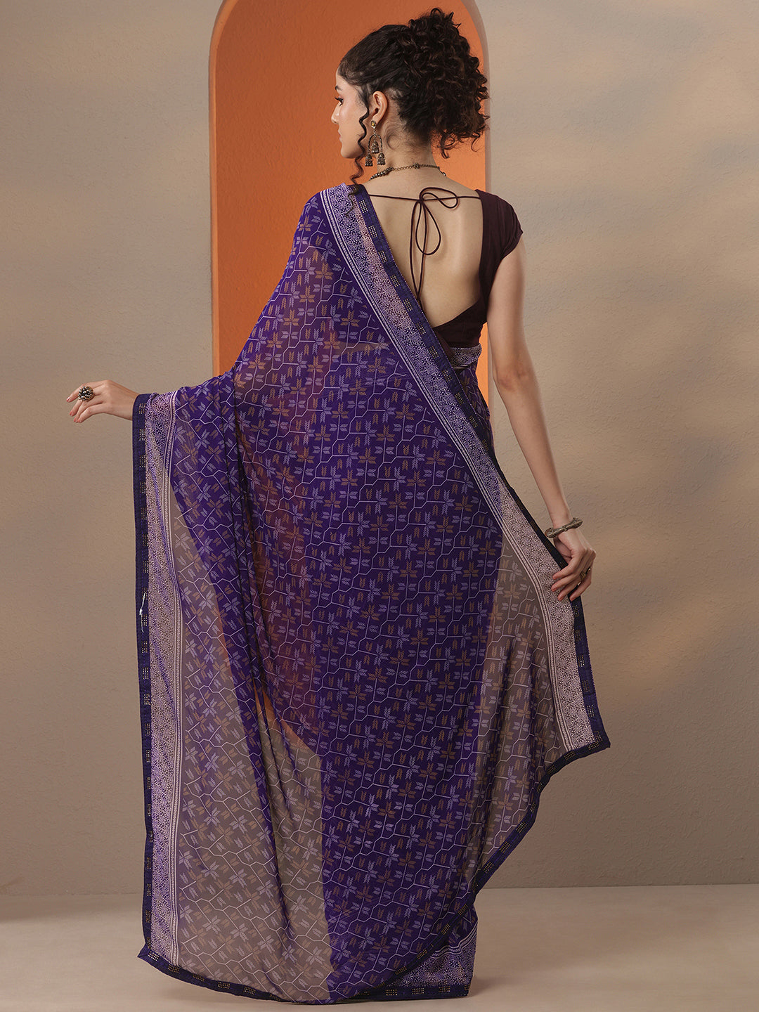 Purple Printed Georgette Saree With Unstitched Blouse Piece