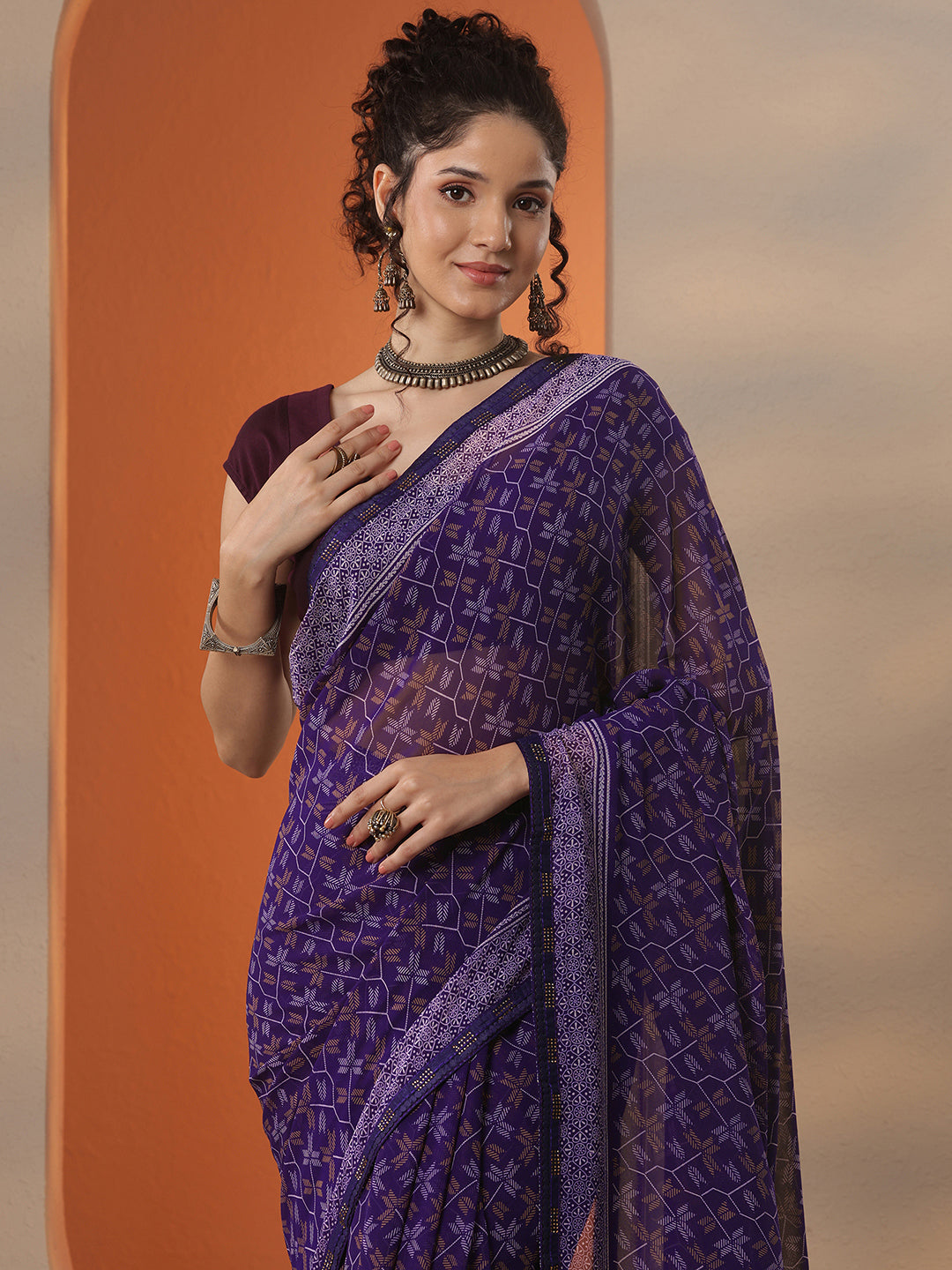 Purple Printed Georgette Saree With Unstitched Blouse Piece