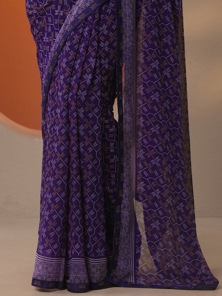 Purple Printed Georgette Saree With Unstitched Blouse Piece