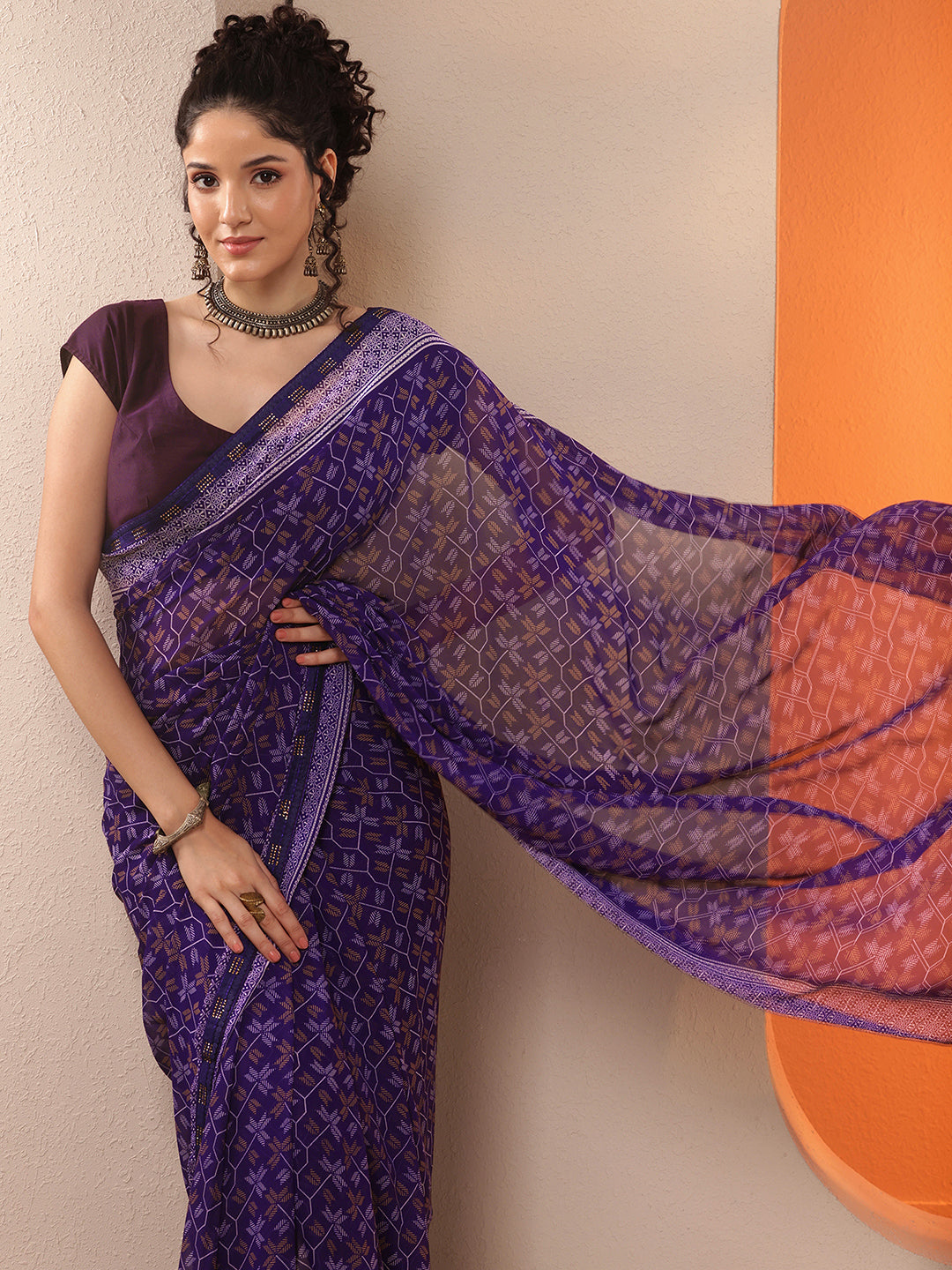 Purple Printed Georgette Saree With Unstitched Blouse Piece