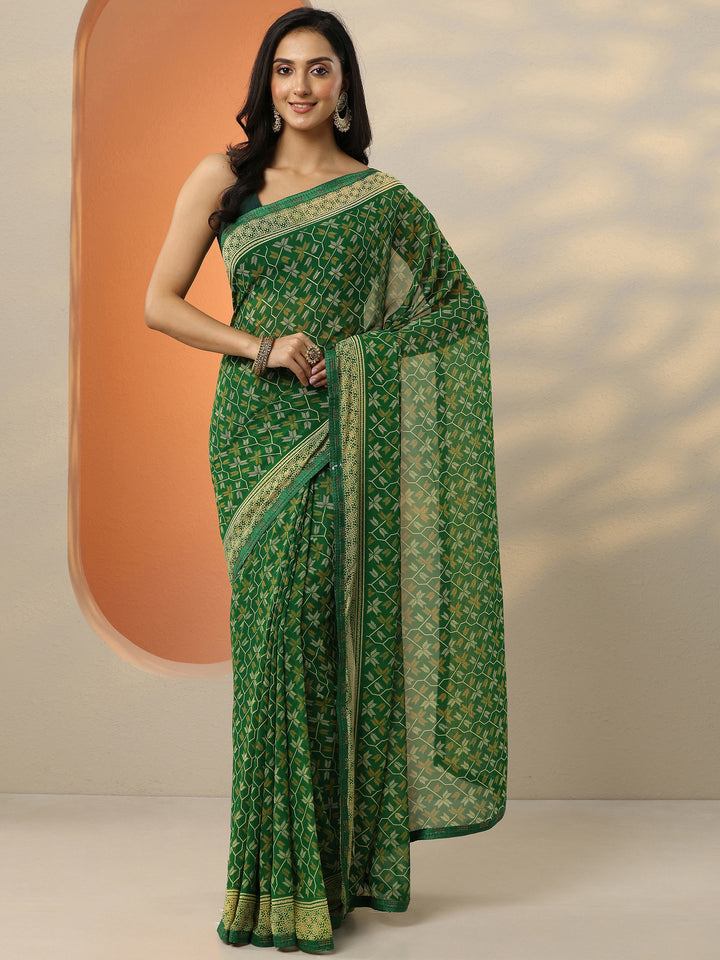 Green Printed Georgette Saree With Unstitched Blouse Piece