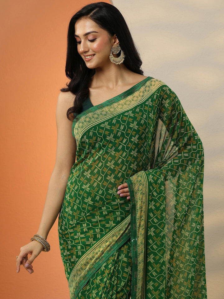 Green Printed Georgette Saree With Unstitched Blouse Piece