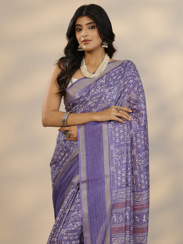 Purple Printed Silk Blend Saree With Unstitched Blouse Piece