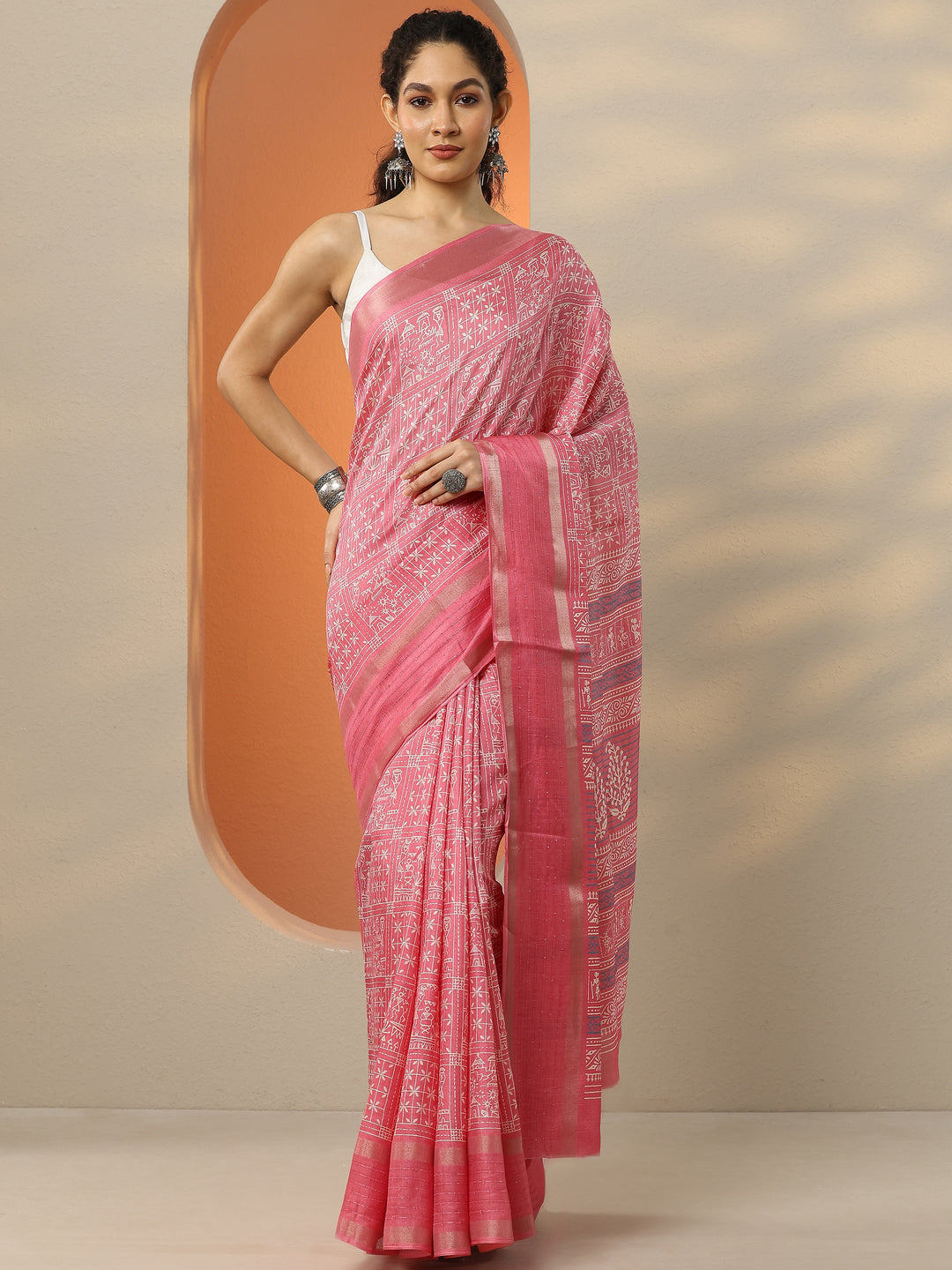 Pink Printed Silk Blend Saree With Unstitched Blouse Piece
