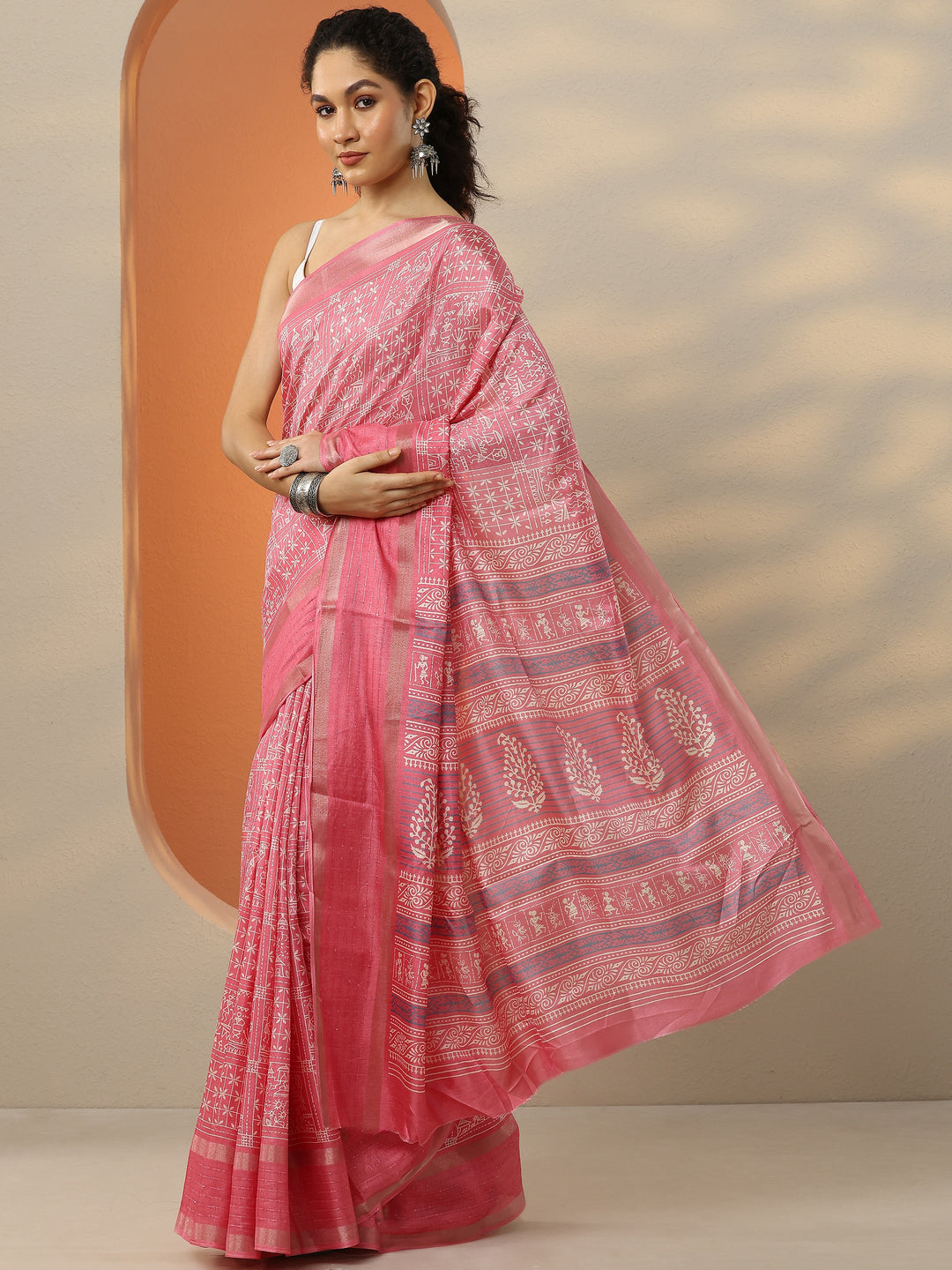 Pink Printed Silk Blend Saree With Unstitched Blouse Piece