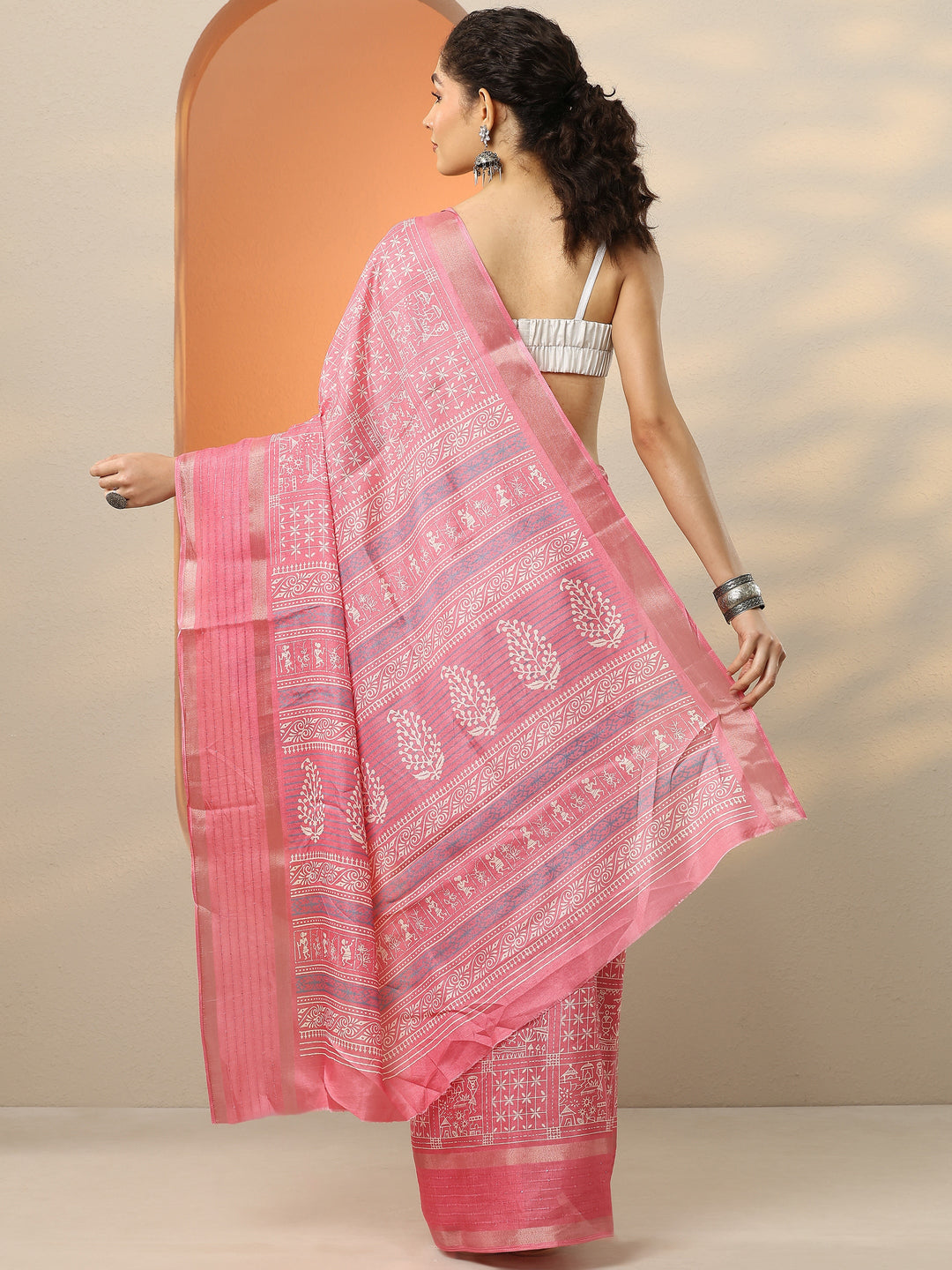 Pink Printed Silk Blend Saree With Unstitched Blouse Piece