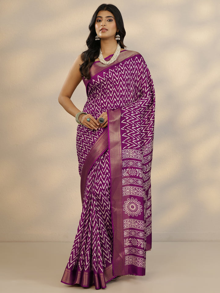 Burgundy Printed Silk Blend Saree With Unstitched Blouse Piece