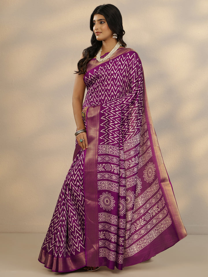 Burgundy Printed Silk Blend Saree With Unstitched Blouse Piece