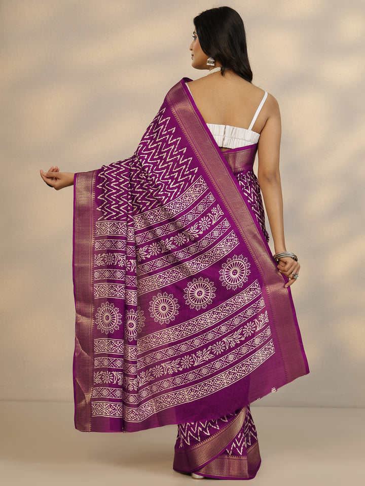 Burgundy Printed Silk Blend Saree With Unstitched Blouse Piece