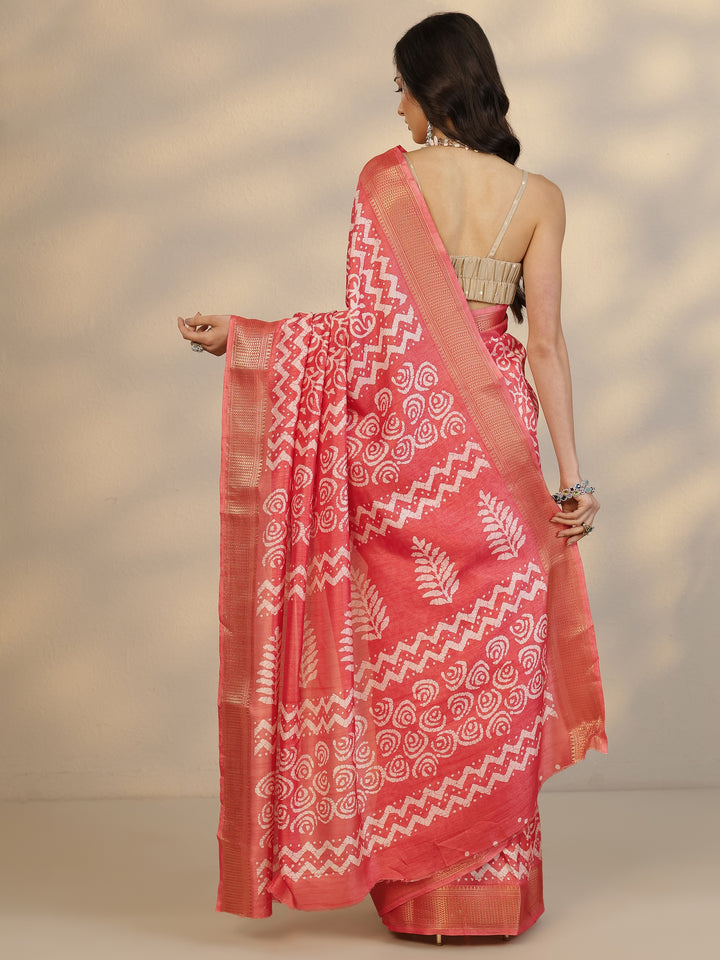 Coral Batik Printed Silk Blend Saree With Unstitched Blouse Piece