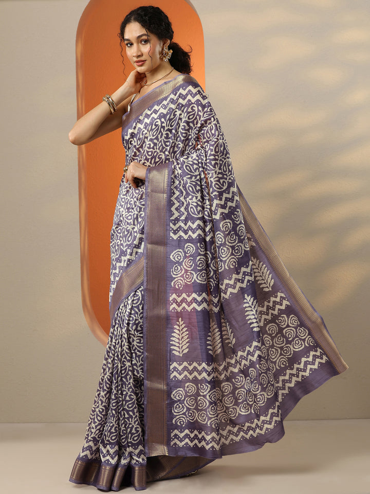 Purple Batik Printed Silk Blend Saree With Unstitched Blouse Picece