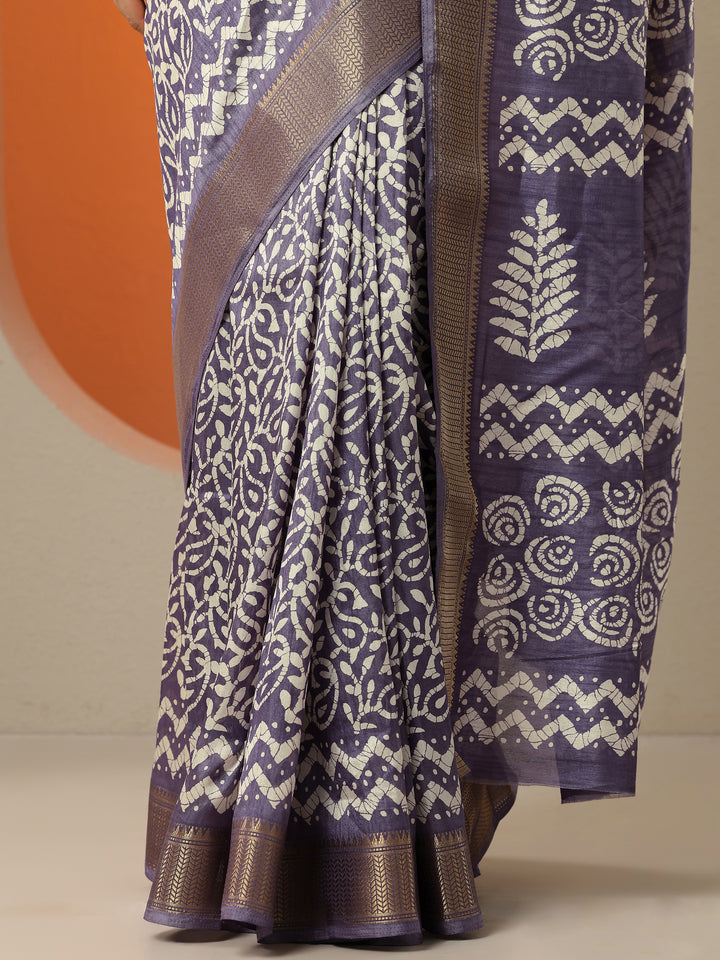 Purple Batik Printed Silk Blend Saree With Unstitched Blouse Picece