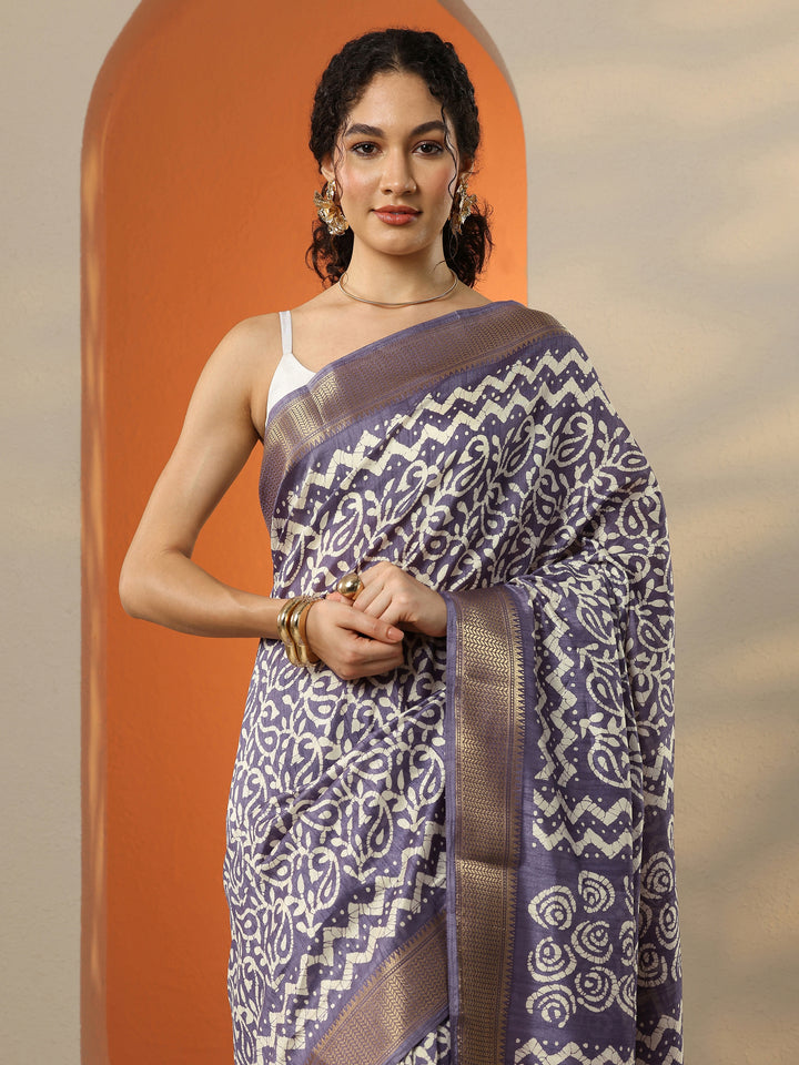 Purple Batik Printed Silk Blend Saree With Unstitched Blouse Picece