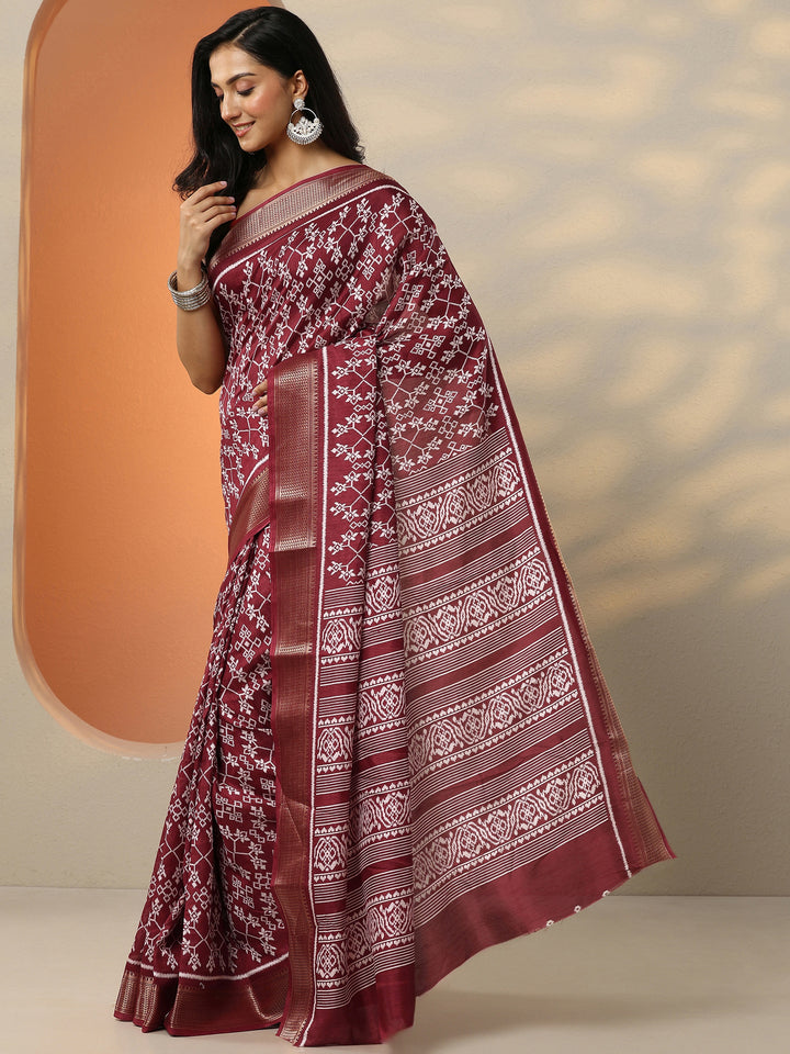 Maroon Printed Silk Blend Saree With Unstitched Blouse Piece