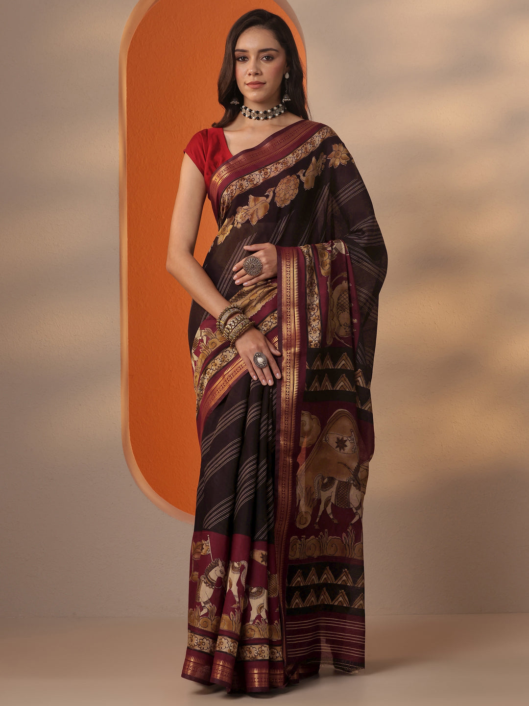 Black Printed Silk Blend Saree With Unstitched Blouse Piece